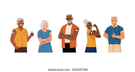 Grupo de ancianos vacunados. Imagen vectorial de una caricatura diversa sonriendo hombres y mujeres mayores con un parche en el hombro. Aislado sobre blanco