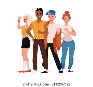 Group of vaccinated young people, cartoon flat vector illustration isolated on white background. Vaccination of Covid-19, flu or antiviral immunisation concept.