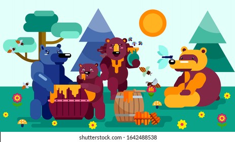 Group of varicolored bears wild animals find apiary barrel keg jar honey vector illustration flat. Bears eating sweet honey food outdoor in forest wood grassland. Flying bees.