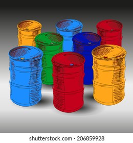 Group of varicolored oil barrels. Vector image.