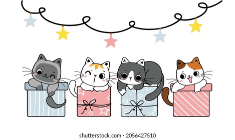 Group of variety breed Cute kitten cat on pastel present gift boxes, Pastel Christmas party, cartoon hand drawn doodle flat vector.