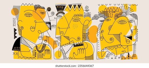 Group of various abstract face portraits drawing and shapes vector illustration. Decorative, ethnic, line art with yellow shapes on background.