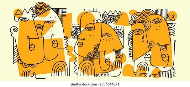 Group of various abstract face portraits drawing and shapes vector illustration. Decorative, ethnic, line art with yellow shapes on background.