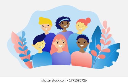 Group of various adult people wearing braces. People heads of different ethnicity and age with braces.Adult dental health concept vector. 