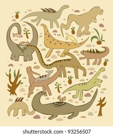 the group of various dinosaurs in the background of sand and stones and plants.