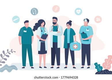 Group of various doctors and nurse. Teamwork, medical services concept. Female and male medical specialists, human characters in uniform. Healthcare banner. Flat vector illustration