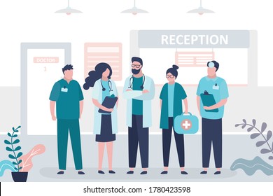 Group of various doctors and nurse. Teamwork, medical services concept. Female and male medical specialists indoor. Human characters in uniform, clinic interior. Healthcare banner. Vector illustration