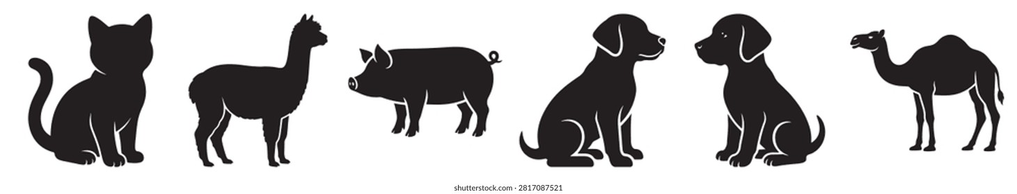 Group of various dog silhouettes showcasing different breeds, sizes, and playful poses in bold colors on a neutral background for pet related projects