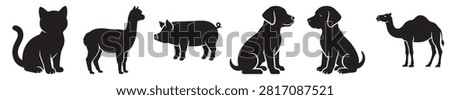 Group of various dog silhouettes showcasing different breeds, sizes, and playful poses in bold colors on a neutral background for pet related projects