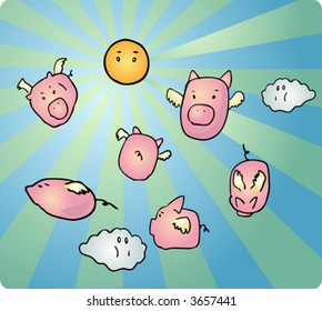 Group of various flying pigs in the sky, retro hand-drawn illustration