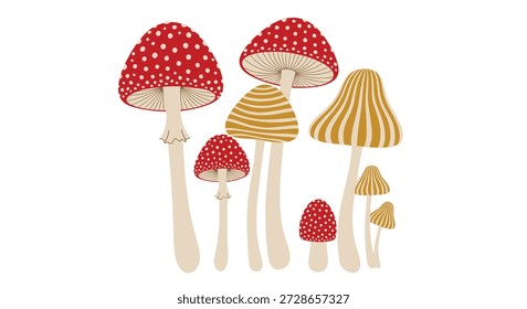 Group of various mushrooms including classic red fly agarics with white spots and tall yellow striped varieties on a plain background.