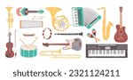 Group of various musical instruments isolated on white background. Strings, percussion, wind musics instrument. Flat cartoon vector illustration.