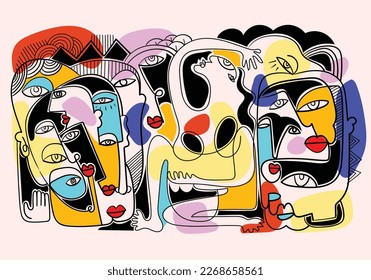 Group of various people abstract face portrait hand drawn, shapes, line, doodle and colorful vector illustration. Modern design for wall art, home decoration, cover, poster, cards and prints.