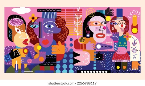 Group of various people abstract,decorative, shapes, line, colorful art vector illustration. Friendships portrait person modern design for social media, wall art, home decoration, poster, cover, car