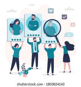 Group of various people candidates hold resumes. Job seekers with cv. Business woman chooses workers and hires. Skills assessment, quality of professional training. Trendy flat vector illustration