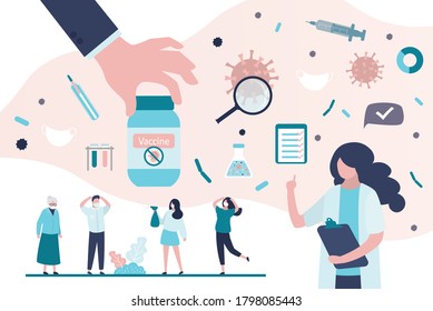 Group of various people in protective masks. Big hand give vaccine. Health care concept. Woman doctor warns of vaccination against coronavirus. Covid-19 prevention, banner template.Vector illustration