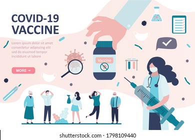 Group of various people in protective masks. Big hand give vaccine. Health care landing page template. Woman doctor warns of vaccination against coronavirus. Covid-19 prevention. Vector illustration