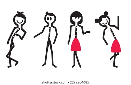 A group of various shapes stick figure cartoon design. raising his hand, pointing with his hand, bending back
