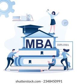 Group of various students, Skills Improvement, Online Education concept. Diploma of MBA degree. Pile of books, diploma and businesspeople. University or academy, big graduate hat on roof. flat ector