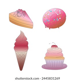 A group of various types of desserts, including cakes, pastries, cookies, and tarts, arranged neatly on a white background