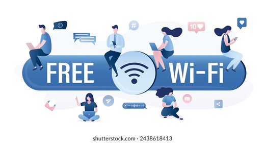 Grupo de varios usuarios que utilizan la red pública inalámbrica. Adulto joven con laptops y celulares. Wifi gratuito. La gente de negocios usa artilugios inteligentes, conexión. Hotspot, coworking. Ilustración vectorial plana