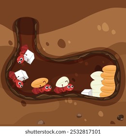 A group of vector ants is busy storing food in their underground nest. They work together, carrying pieces of food to organized piles. Their segmented bodies and antennae move in sync.