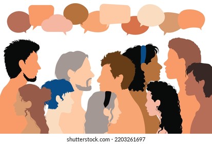 A group of vector cartoon people are discussing something. Communication between people. A speech bubble is around the crowd.