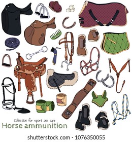 Group of vector colorful illustrations on the theme horse ammunition; set of isolated objects for equestrian sport and care.