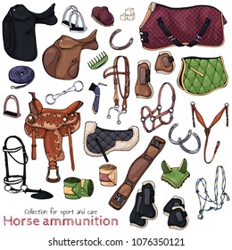 Group of vector colorful illustrations on the theme horse ammunition; set of isolated objects for equestrian sport and care. Pictures contain realistic shadows and glare.