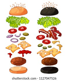 Group of vector colorful illustrations on the theme fast food; set of isolated products for cooking burgers. Pictures contain realistic shadows and glare.