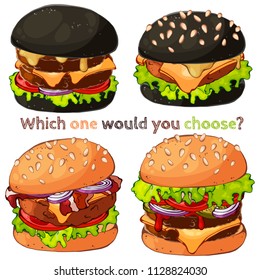 Group of vector colorful illustrations on the fast food theme; set of different kinds of burgers and black burgers. Pictures contain realistic shadows and glare.