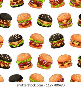 Group of vector colorful illustrations on the fast food theme; pattern of different kinds of burgers. Pictures contain realistic shadows and glare.