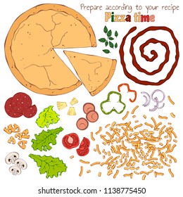 Group of vector colorful illustrations on the fast food theme; set of isolated products for cooking pizza. 