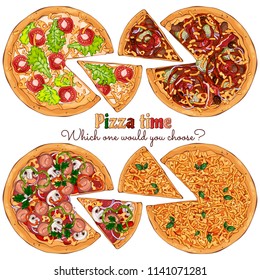 Group of vector colorful illustrations on the pizza theme; several kinds of pizzas from different recipes. Pictures contain realistic shadows and glare.