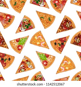 Group of vector colorful illustrations on the pizza theme; pattern pieces of pizza from different recipes. Pictures contain realistic shadows and glare.