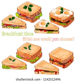 Group of vector colorful illustrations on the fast food theme; set of different kinds of sandwiches. Pictures contain realistic shadows and glare.