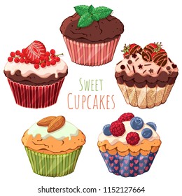 Group of vector colorful illustrations on the sweets theme; set of different kinds of cupcakes decorated with berries, chocolate or nuts. Pictures contain realistic shadows and glare.