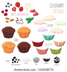 Group of vector colorful illustrations on the sweets theme; set of isolated products for cooking cupcake. Pictures contain realistic shadows and glare.
