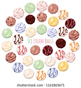 Group of vector colorful illustrations on the sweets theme; set of different kinds of ice cream balls grouped in the circle.