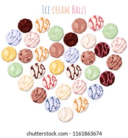 Group of vector colorful illustrations on the sweets theme; set of different kinds of ice cream ballls grouped in the heart.