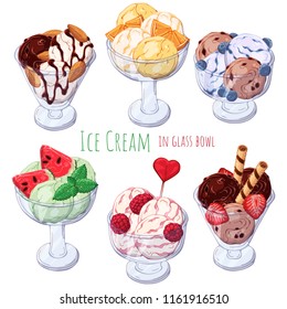 Group of vector colorful illustrations on the sweets theme; set of different kinds of ice-cream in bowls decorated with berries, chocolate or nuts. Pictures contain realistic shadows and glare.