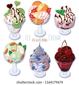 Group of vector colorful illustrations on the sweets theme; set of different kinds of ice-cream in bowls decorated with berries, chocolate or nuts. Pictures contain realistic shadows and glare.