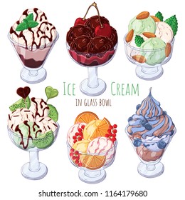 Group of vector colorful illustrations on the sweets theme; set of different kinds of ice-cream in bowls decorated with berries, chocolate or nuts. Pictures contain realistic shadows and glare.