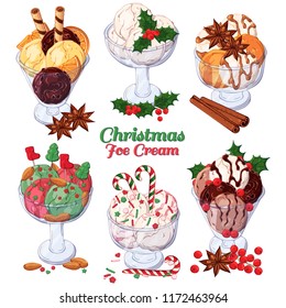 Group of vector colorful illustrations on the Christmas sweets theme; set of different kinds of ice-cream in bowls decorated with Christmas candies, fruits and nuts.