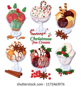 Group of vector colorful illustrations on the Christmas sweets theme; set of different kinds of ice-cream in bowls decorated with Christmas candies, fruits and nuts.