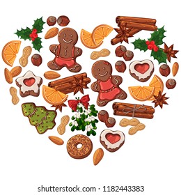 Group of vector colorful illustrations on the Christmas Traditions theme; set of different kinds of Christmas symbols and sweets: candies, fruits, nuts. Pictures contain realistic shadows and glare.