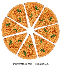 Group of vector colorful illustrations on the pizza theme; pieces of cheese pizza. Pictures contain realistic shadows and glare.