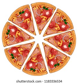 Group of vector colorful illustrations on the pizza theme; pieces of tomato pizza. Pictures contain realistic shadows and glare.