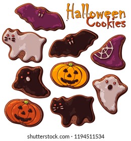 Group of vector colorful illustrations on the Halloween sweets theme; set of different kinds of Halloween cookies. Pictures contain realistic shadows and glare.