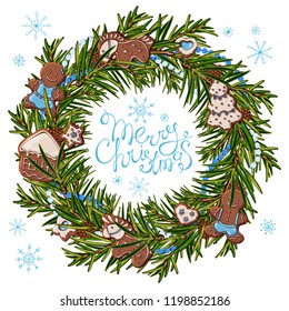 Group of vector colorful illustrations on the theme of Christmas Traditions; a wreath of green branches of a Christmas tree, decorated with New Year decorations.